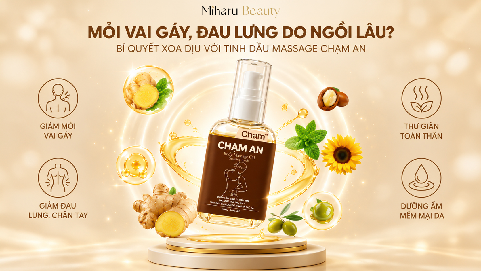 Mỏi vai gáy, đau lưng do ngồi lâu? Bí quyết xoa dịu với tinh dầu massage Chạm An.