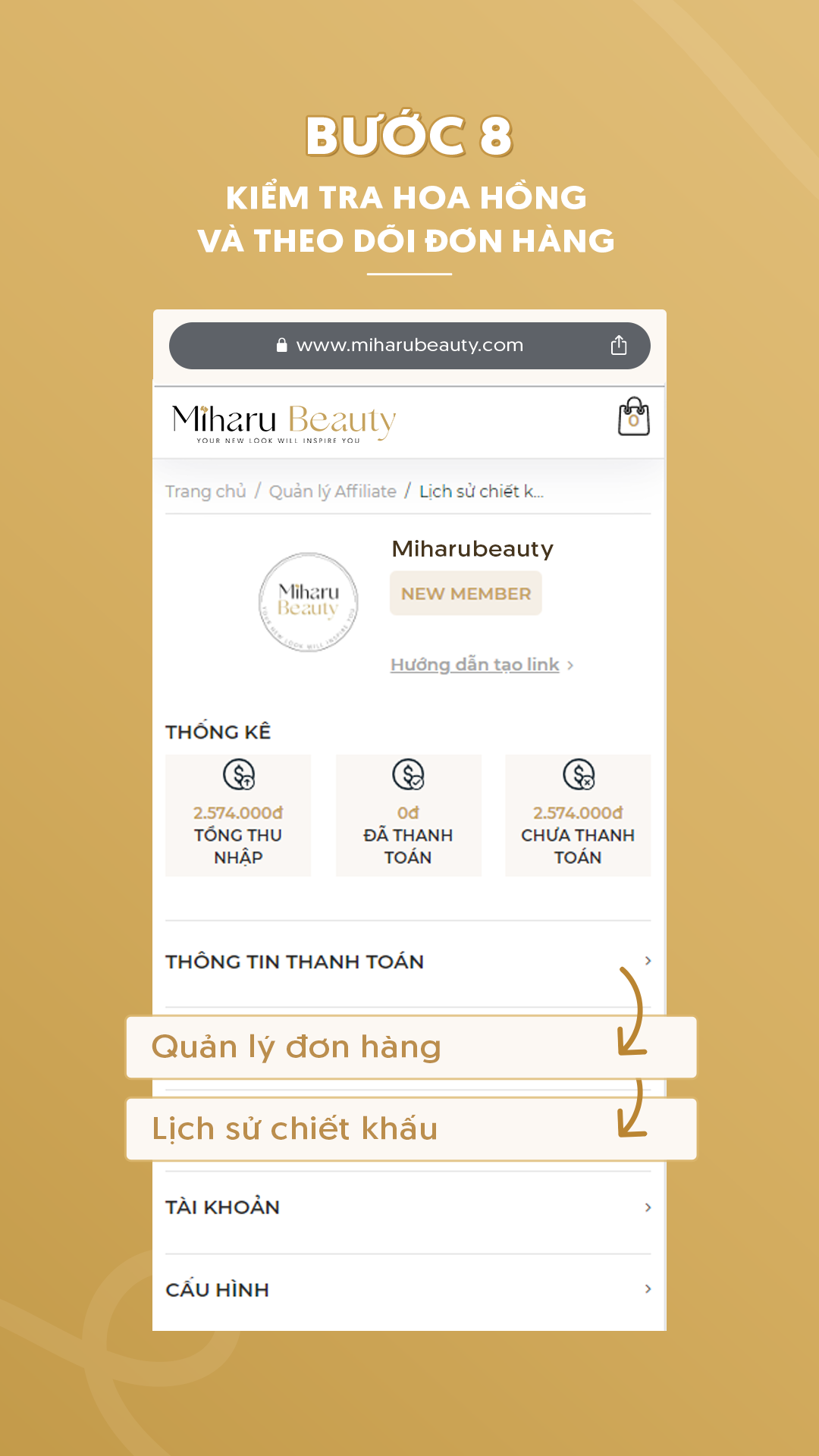 Bước 8: Kiểm tra hoa hồng, lịch sử đơn hàng