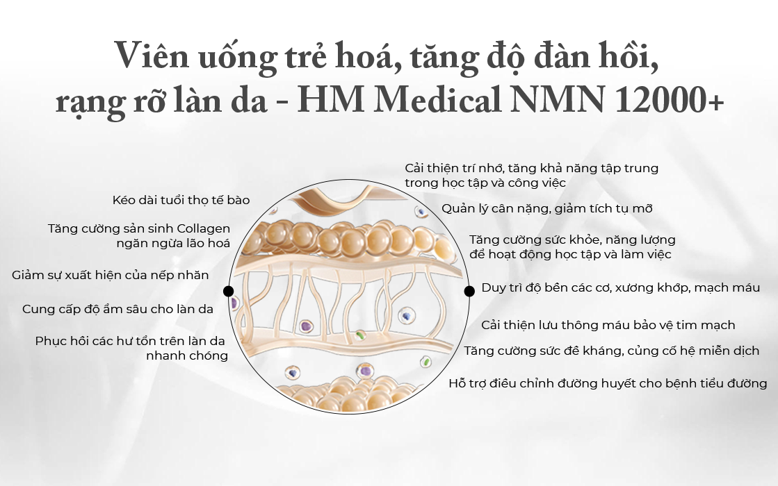 Viên uống trẻ hoá, tăng độ đàn hồi, rạng rỡ làn da - HM Medical NMN 12000