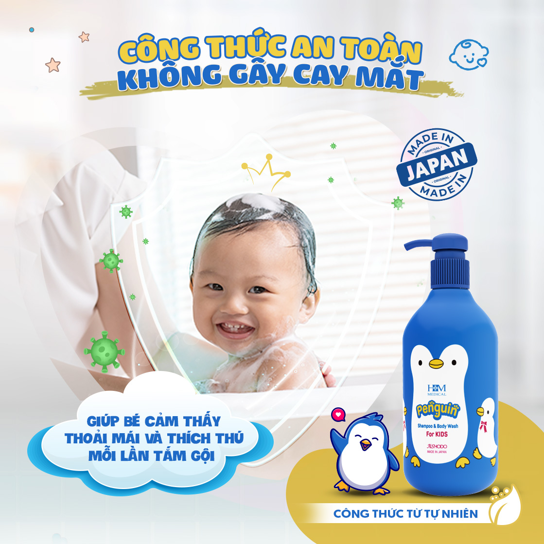 Công thức an toàn, không gây cay mắt của dầu gội penguin