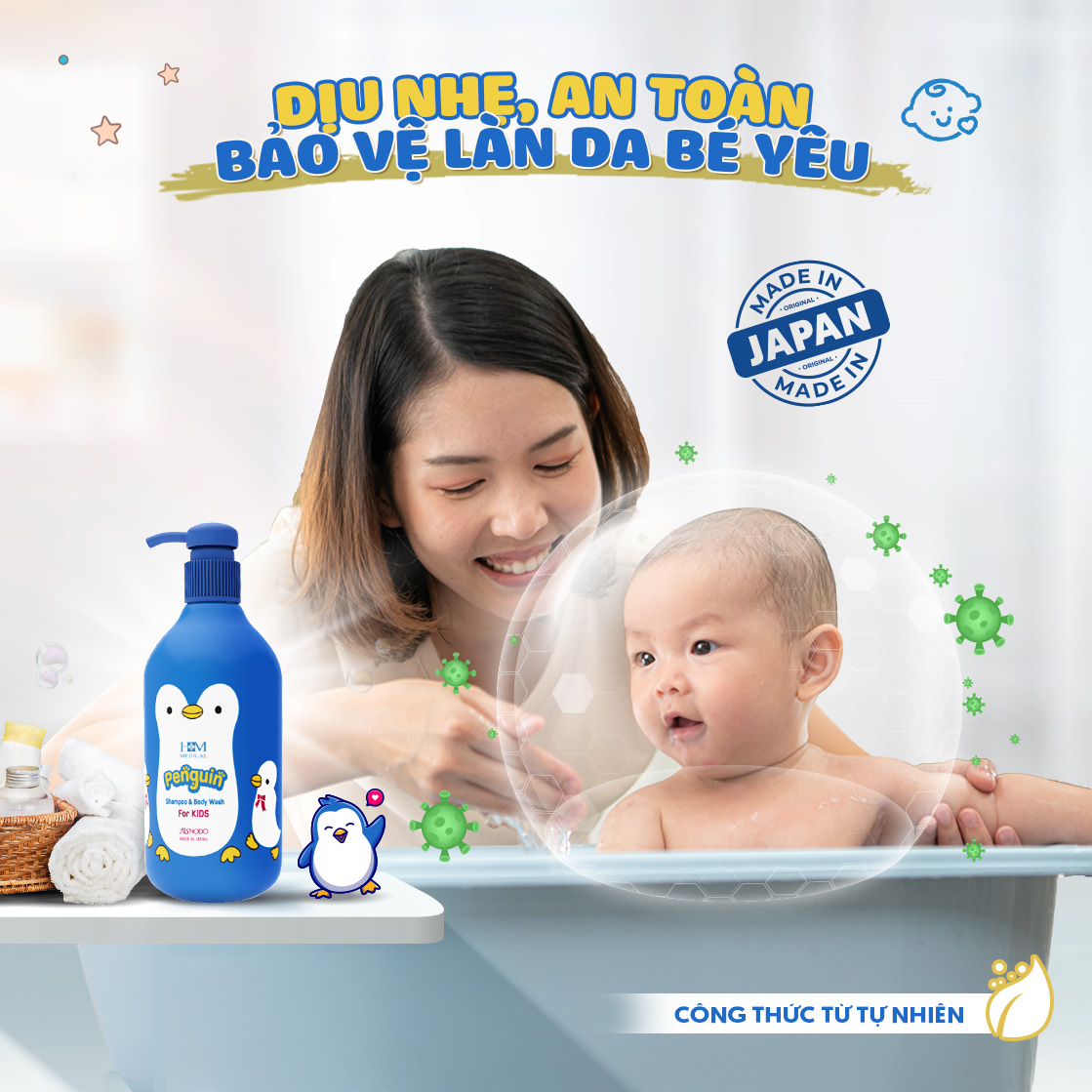 Sữa tắm gội Penguin – Dịu nhẹ, an toàn, bảo vệ làn da bé yêu suốt mùa hè