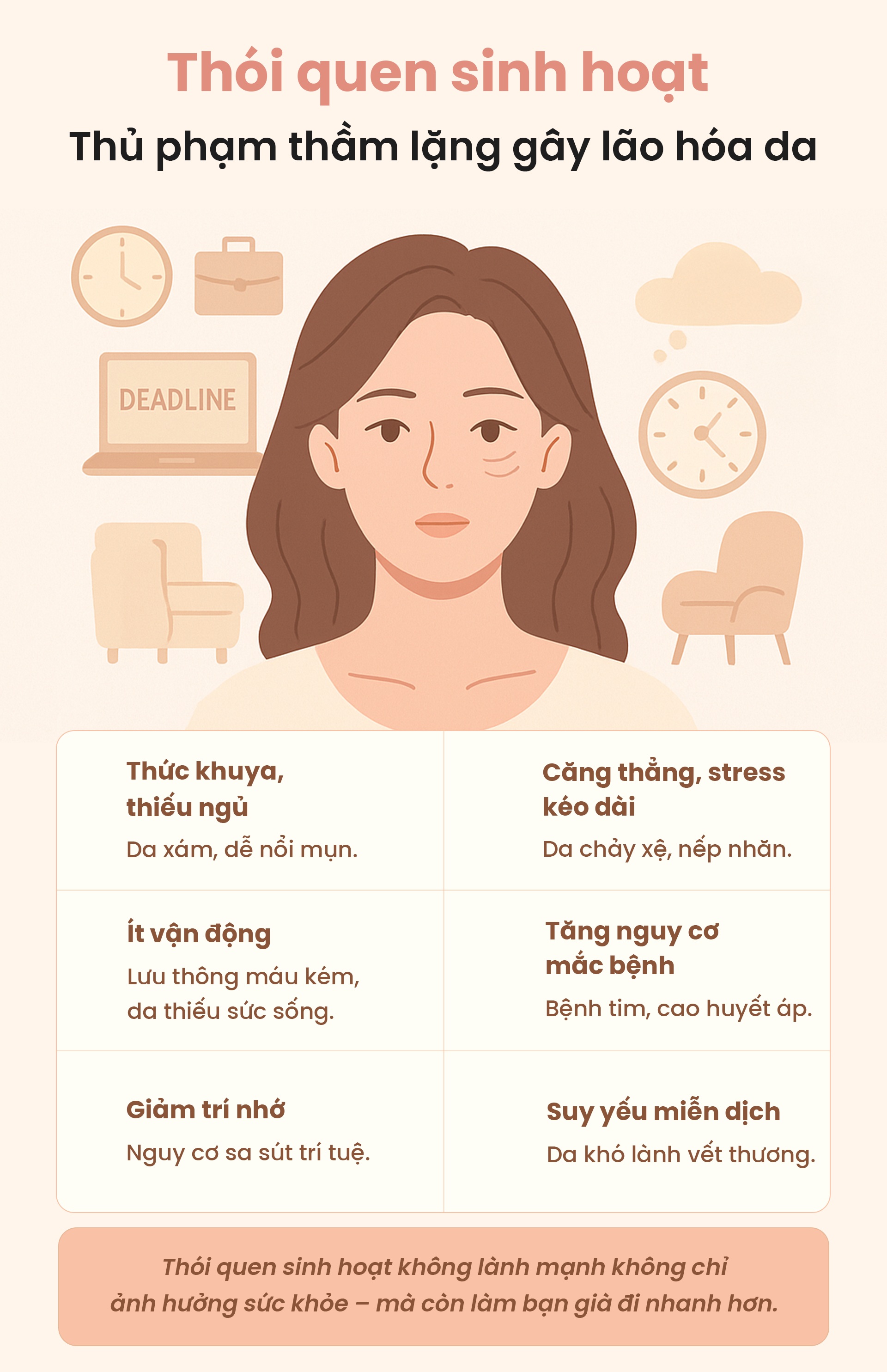 Nguyên nhân làm cho làn da lão hóa sớm - thói quen sinh hoạt